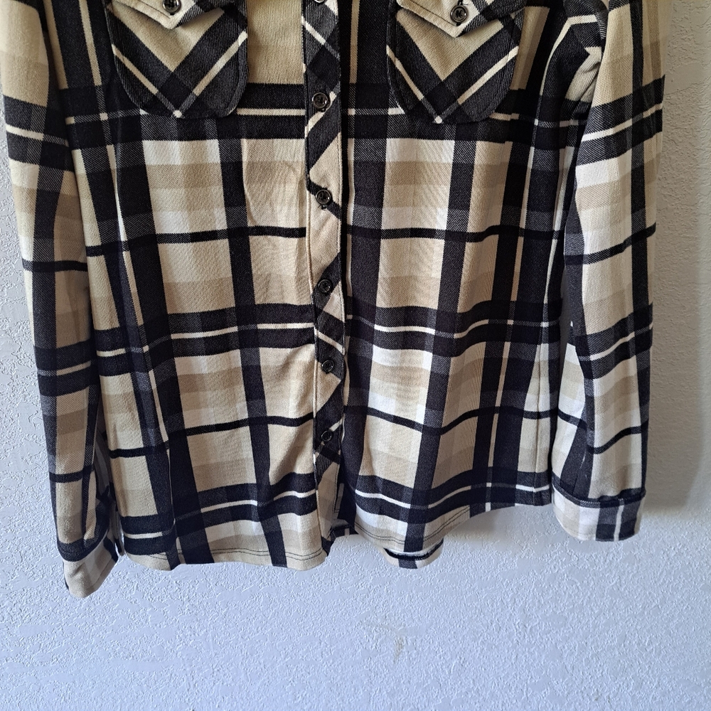 Denim & Co. Brushed Heavenly Jersey Plaid Button Front Shirt - Picture 3 of 6